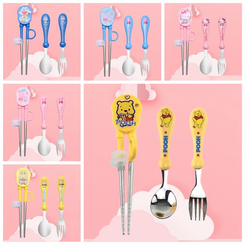 Baby Training Equipment Set Kids Learning Tableware, Stainless Steel Practice Chopsticks Fork Spoon Household Tableware