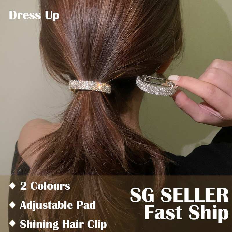[SG | Shining & Pretty] Metal Hair Clip Ponytail Holder, Mounted with Crystals, Adjustable Pad, in Silver and Gold Colours