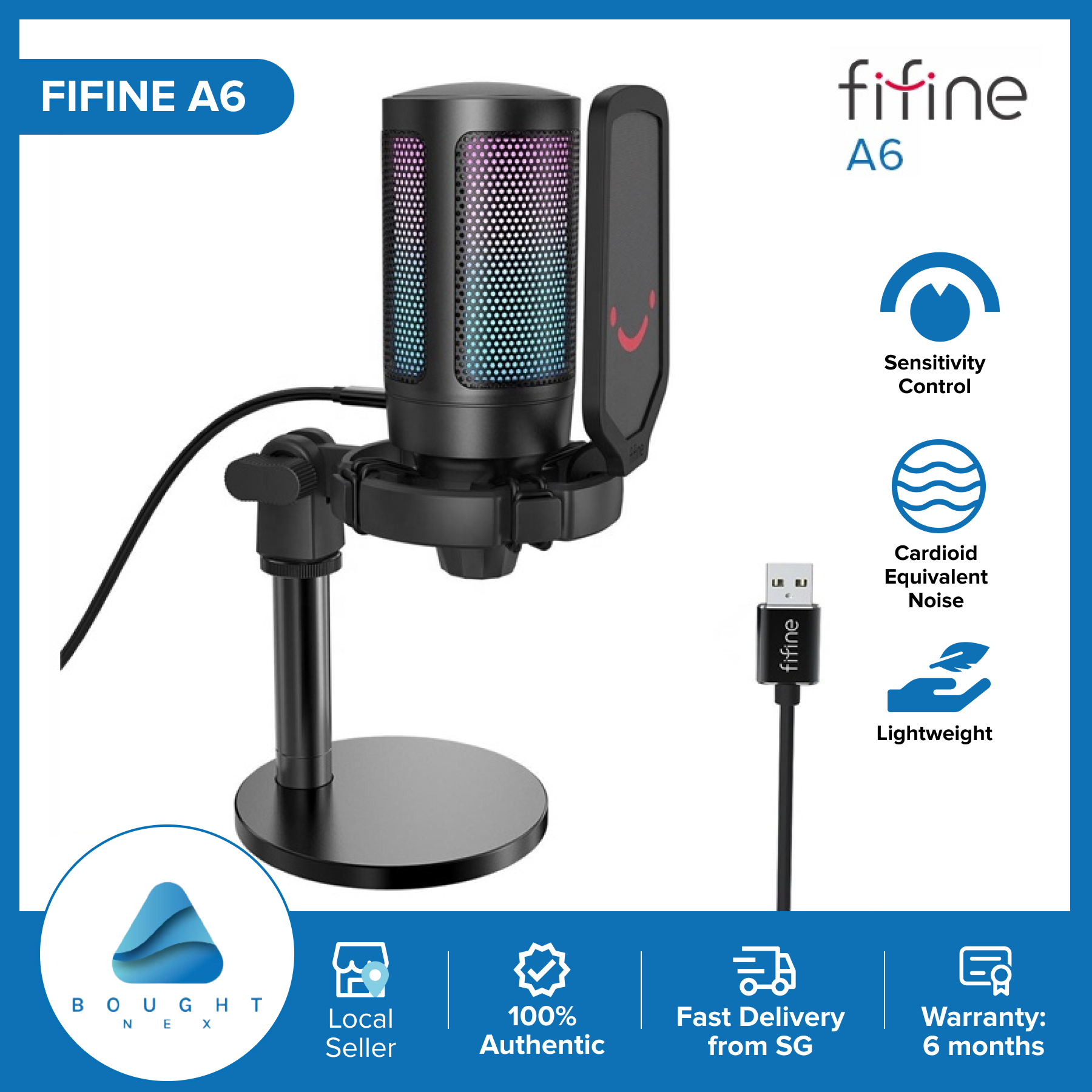 FIFINE A6 RGB USB Condenser Microphone with Mute Button & Gain Control, for Gaming, Streaming, Podcasting, Facebook, Youtube