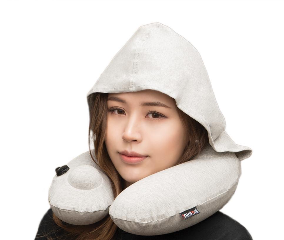 Travelmall 3D Inflatable Neck Pillow with Patented Pump and Hood (Grey)