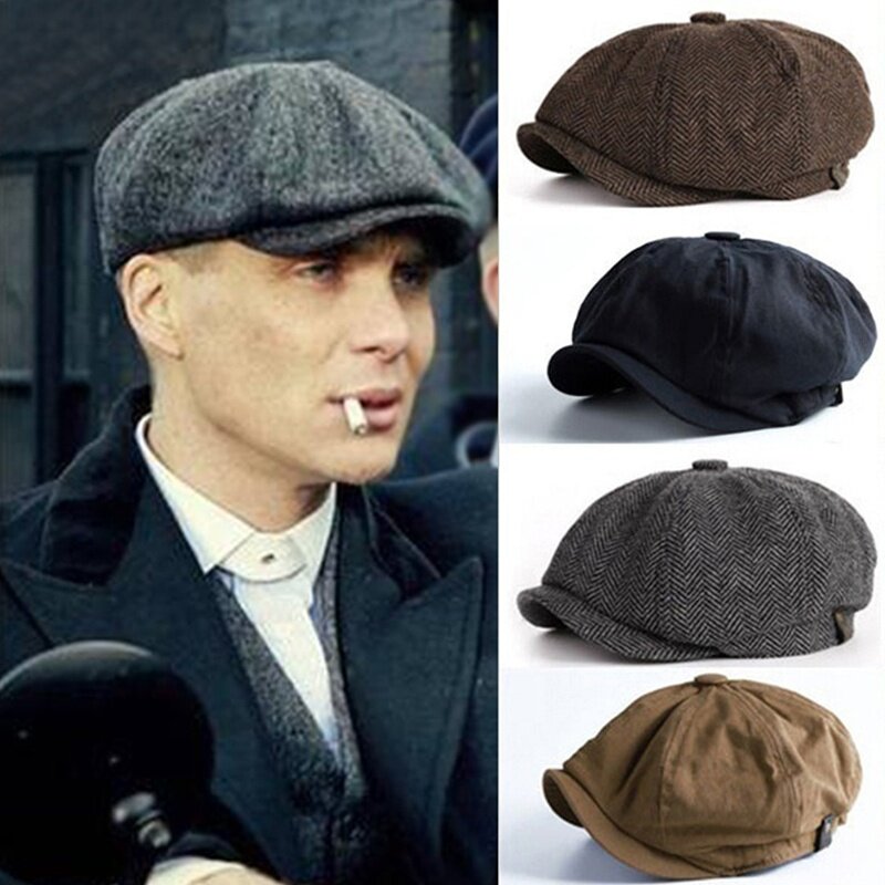 New Fashion Men Retro Beret Peaky Blinders Wool Blend Vintage Herringbone Tweed Men Casual Newsboy Hat Flat Cap Men Casual Octagonal Hat